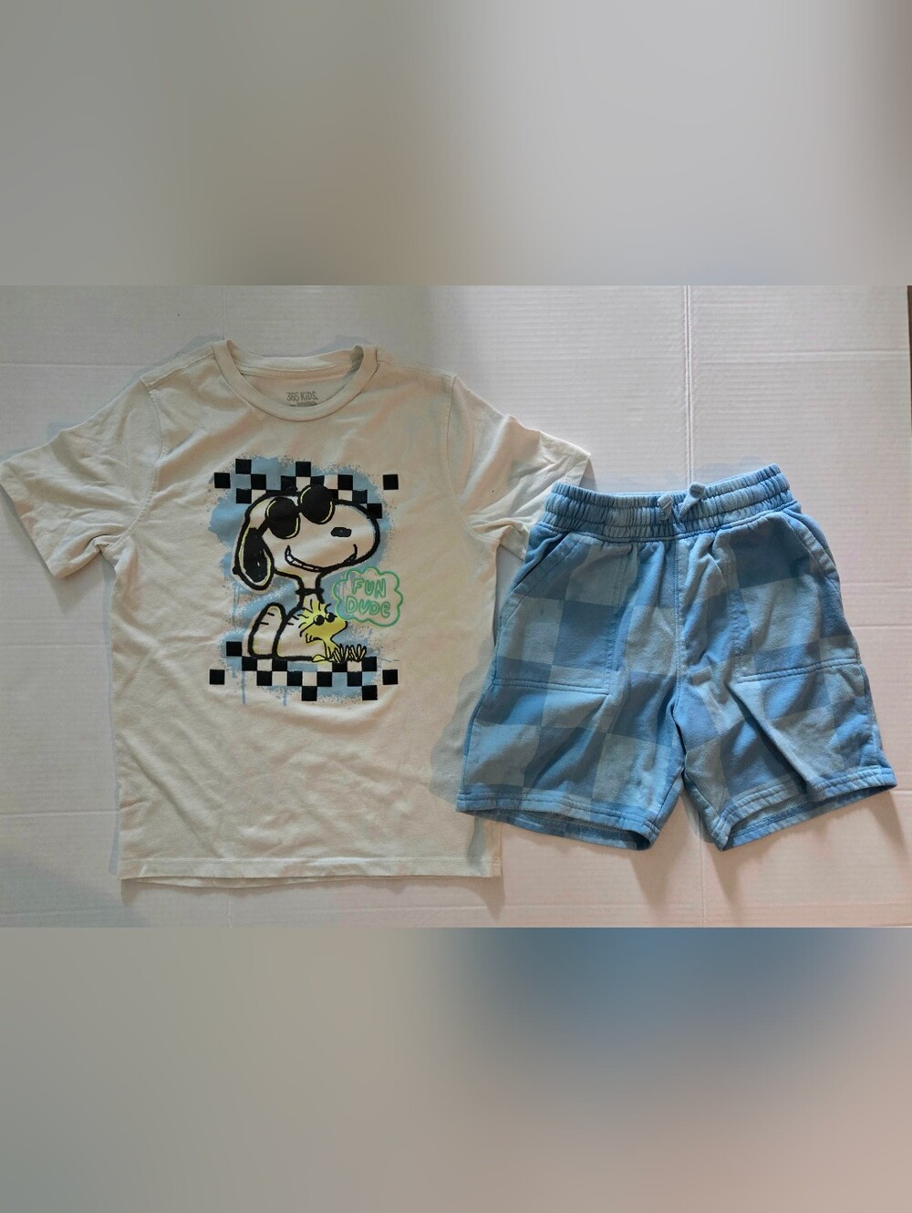 Snoopy Graphic Tee and Blue Plaid Shorts Set